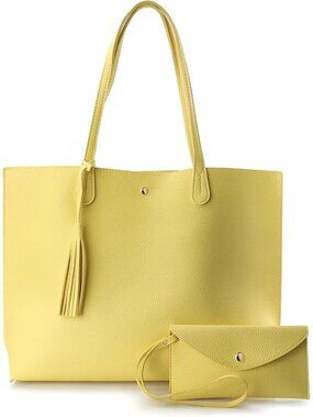 Women's Yellow Faux Leather Minimalist Clean Cut Pebbled Shoulder Tote Bags